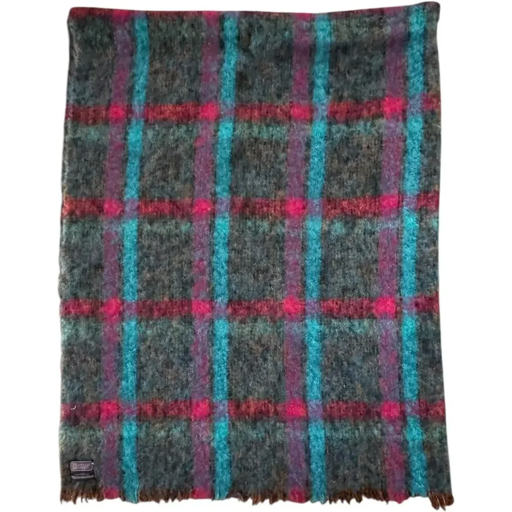 1980s Donegal Design Hand Woven Mohair Wool Plaid Scarf Ireland 60x70